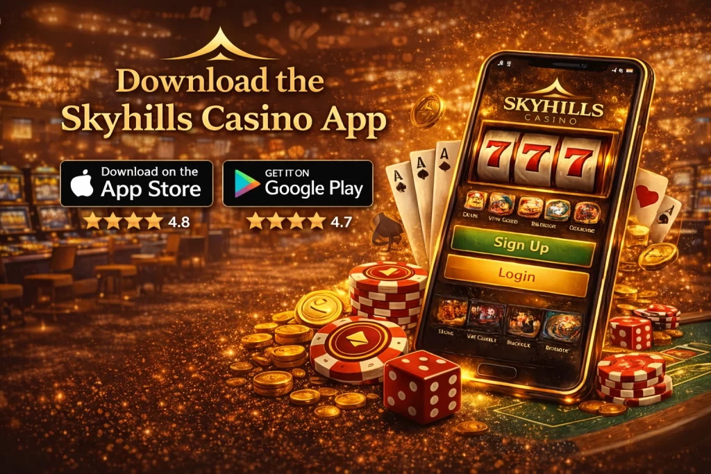 Skyhills Casino App promotional banner with smartphone display, slot machine 777, poker chips, dice and App Store and Google Play download buttons