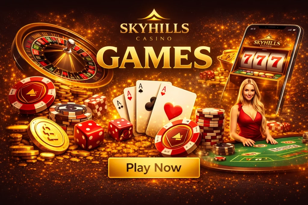 Skyhills Casino Games banner showing roulette wheel, 777 slot machine on mobile, playing cards, poker chips, dice and live dealer table in vibrant golden landscape design