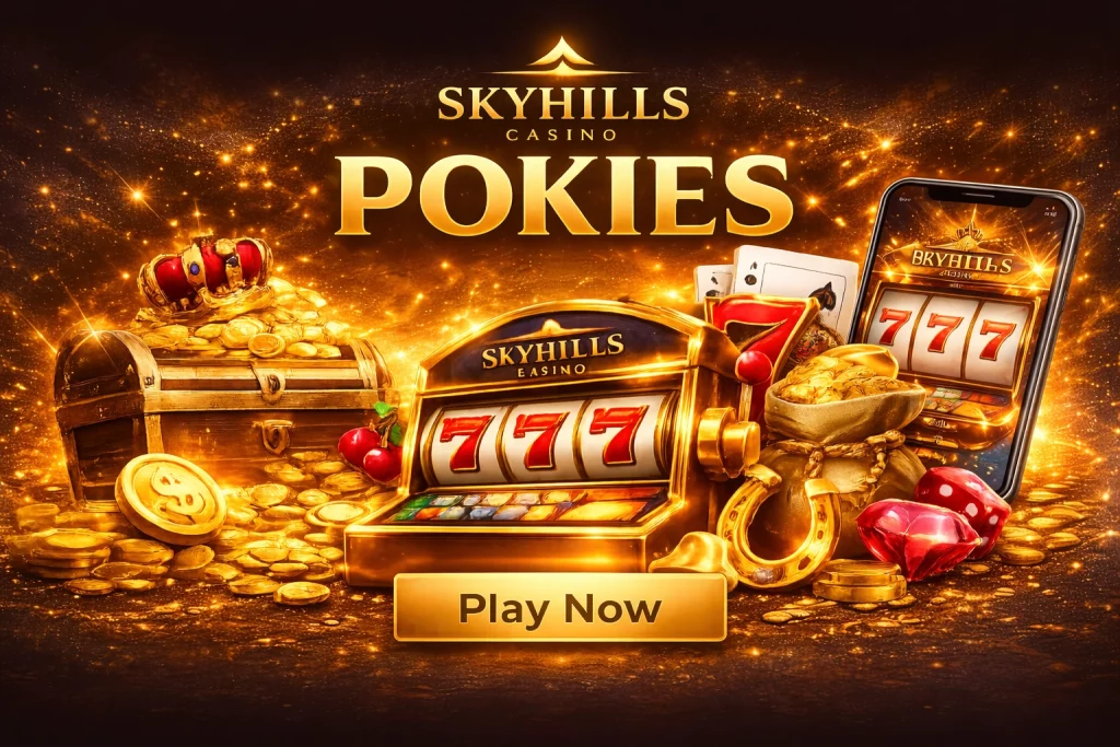 Skyhills Casino Pokies banner featuring golden 777 slot machine, treasure chest, mobile gameplay screen, and vibrant UK-focused casino design in landscape format