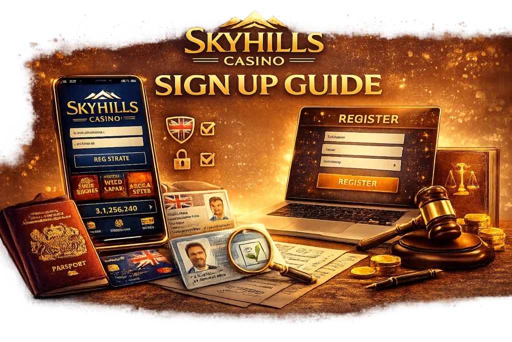 Skyhills Casino Sign Up guide banner showing mobile and laptop registration screens with UK identity verification documents, secure account creation elements, and gold luxury design