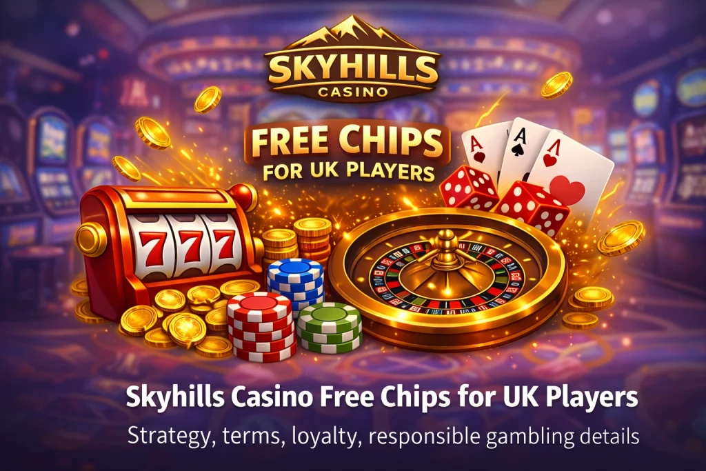 Skyhills Casino Free Chips banner featuring slot machine, roulette wheel, playing cards and gold coins on a vibrant casino background for UK players