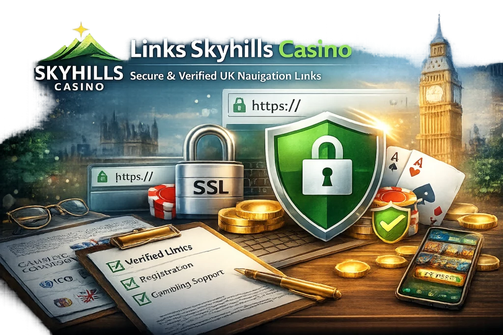 Skyhills Casino Links banner featuring secure UK navigation theme with SSL shield, verified checklist, regulatory references, casino elements, and London skyline background