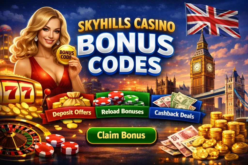Skyhills Casino Bonus Code UK banner featuring slot machine 777, roulette table, casino chips, gold coins, Union Jack flag, and Big Ben skyline in landscape format