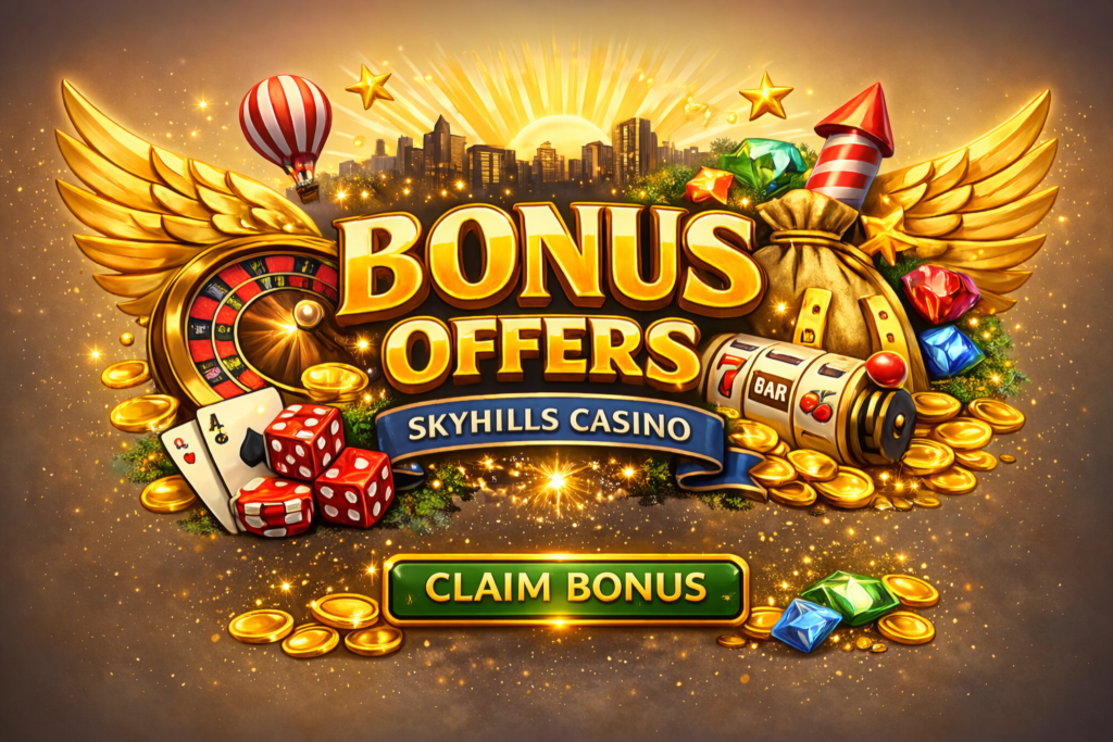 SkyHills Casino bonus offers banner featuring gold coins, roulette wheel, slot machine, playing cards, and “Claim Bonus” button in a landscape promotional design.