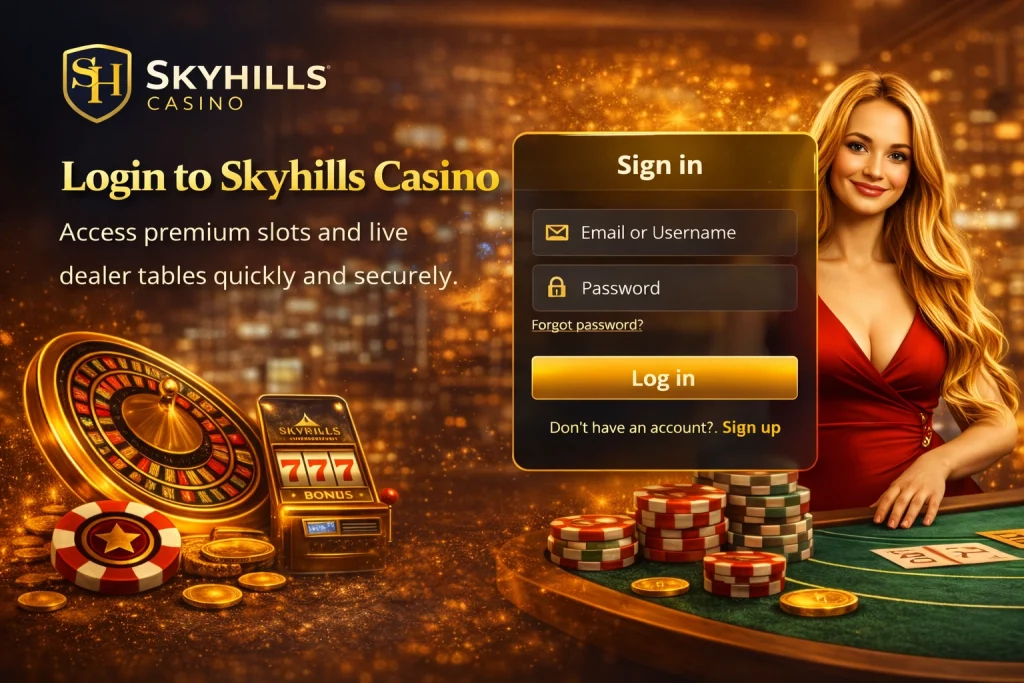 Skyhills Casino login banner featuring secure sign-in form, roulette wheel, slot machine and live dealer table in gold casino setting