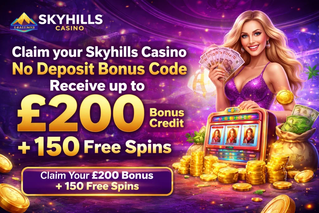 Skyhills Casino Sign up Bonus banner with £200 welcome offer and 150 free spins for UK players