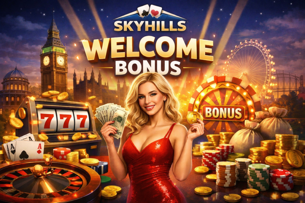 SkyHills Casino Welcome Bonus UK banner featuring London skyline, 777 slot machine, roulette wheel, gold coins and casino chips in a vibrant casino setting