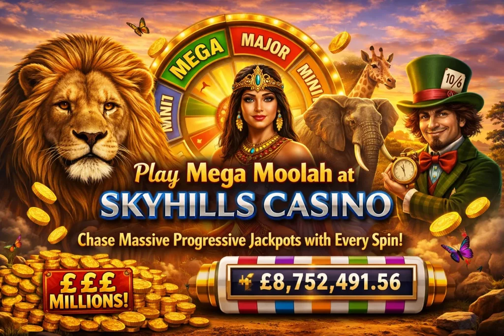 Mega Moolah progressive jackpot slot banner at Skyhills Casino featuring safari animals, jackpot wheel, gold coins, and a multi-million pound prize.