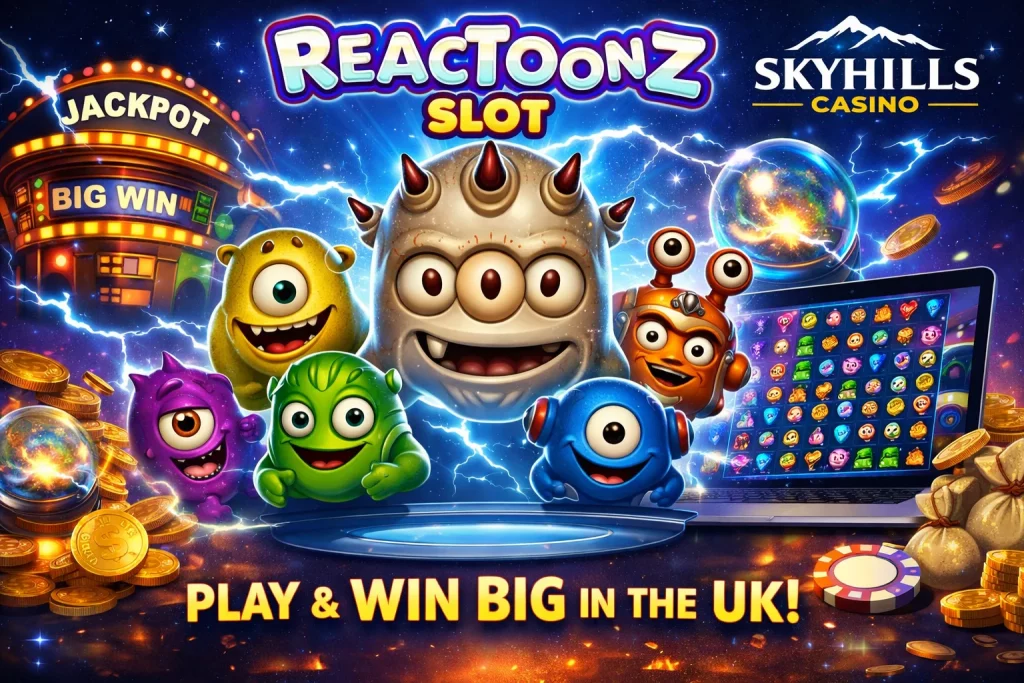Promotional banner for Reactoonz slot at Skyhills Casino featuring quirky alien characters, Gargantoon, cascading symbols on a 7x7 grid, and jackpot elements with UK theme.