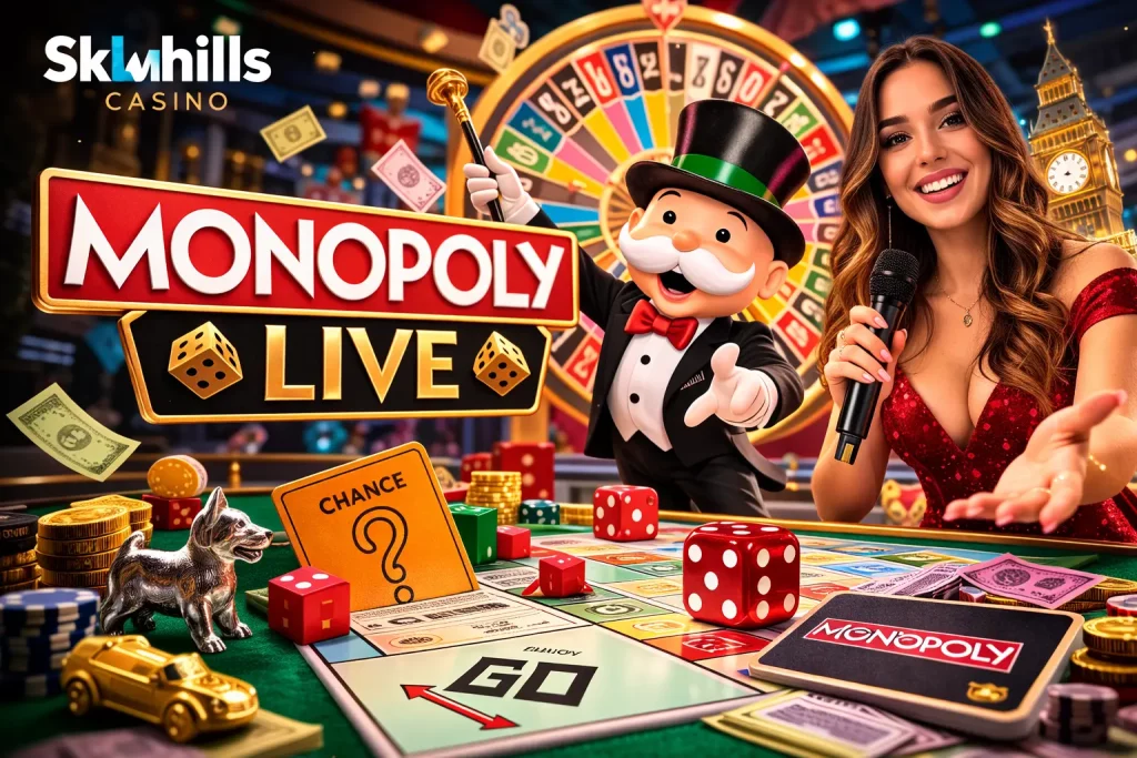 Monopoly Live banner for Skyhills Casino with Mr. Monopoly, a colorful prize wheel, casino chips, dice, coins, and a bright live game show theme.