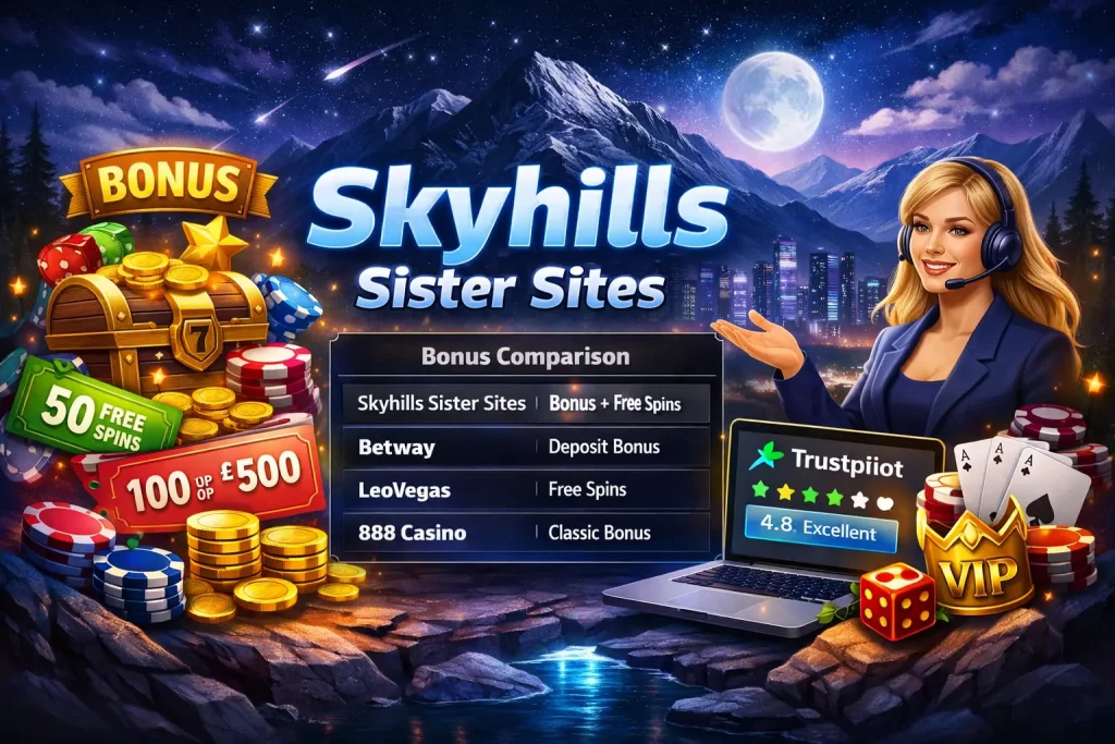 Skyhills sister sites banner with multiple casino platforms, gold coins, slot elements and glowing rewards on a dark background