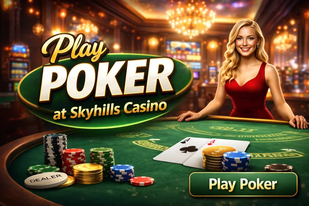 Poker banner with playing cards, casino chips, and a stylish online gaming atmosphere for Skyhills Casino.
