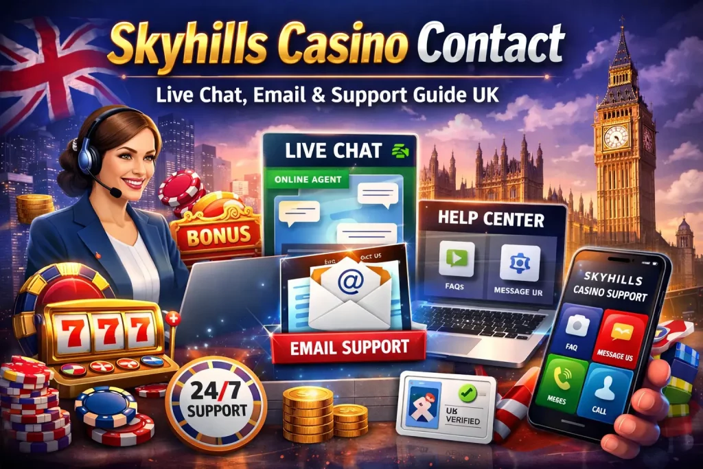 Skyhills Casino contact support concept showing live chat assistance, customer service agent, and multiple support options for UK players