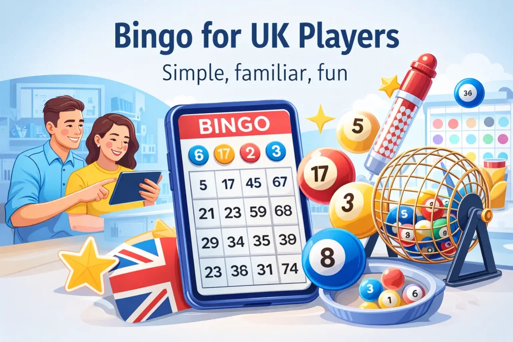 Landscape casino banner with bingo balls, tickets, and a bright gaming atmosphere for UK players.