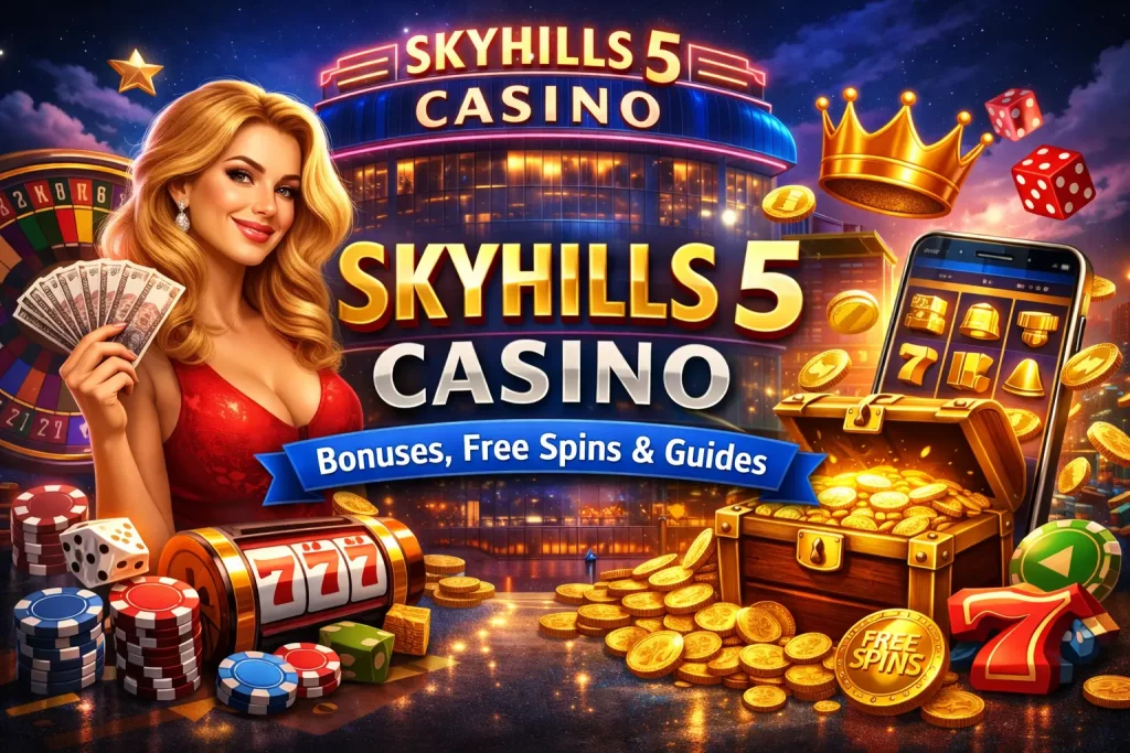 Skyhills 5 Casino banner with slot machine, poker chips, gold coins and glowing rewards elements on a dark background