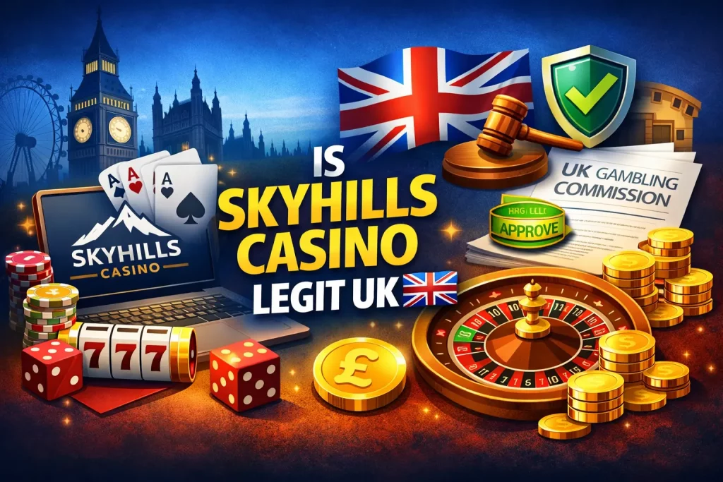 Is Skyhills Casino legit UK illustration with security shield, UK regulation badge, casino chips, and trust score showing safe and reliable platform