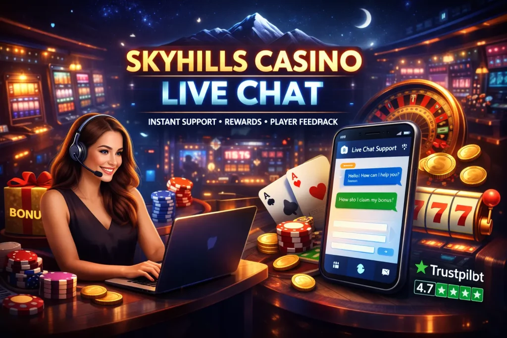 Skyhills Casino live chat banner with support agent, mobile chat interface, casino elements, slot machine and coins on a dark background
