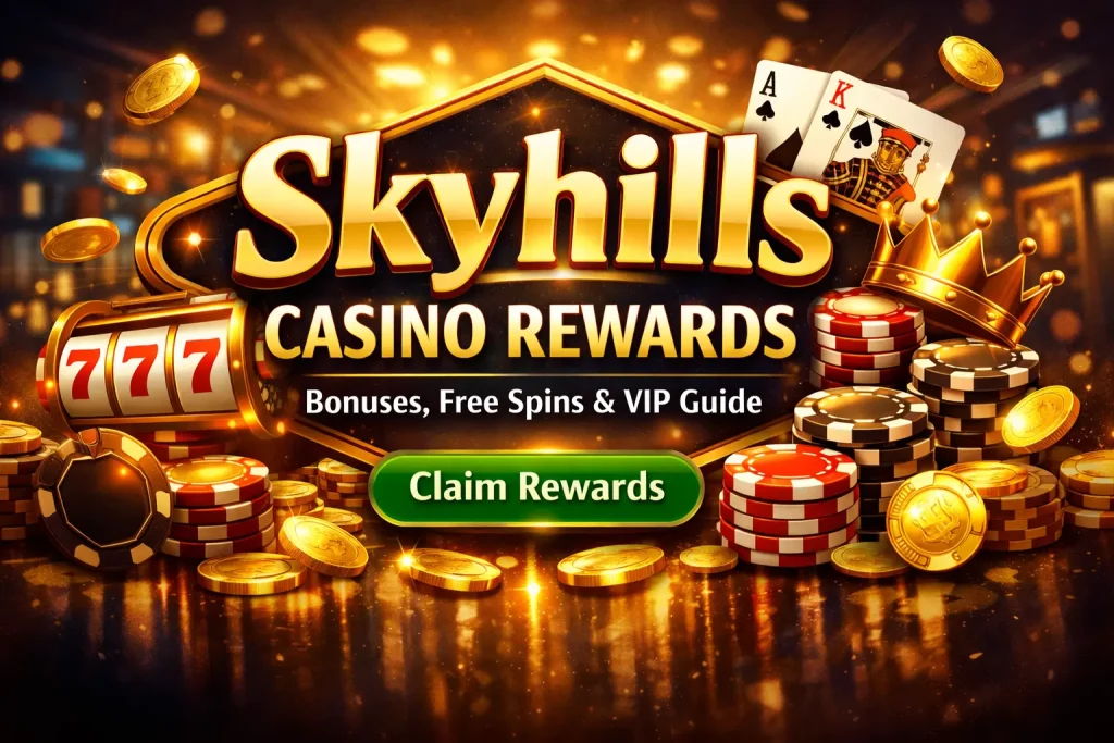Skyhills Casino Rewards banner with  bonuses, free spins, slot machine, chips and VIP crown on a golden casino background
