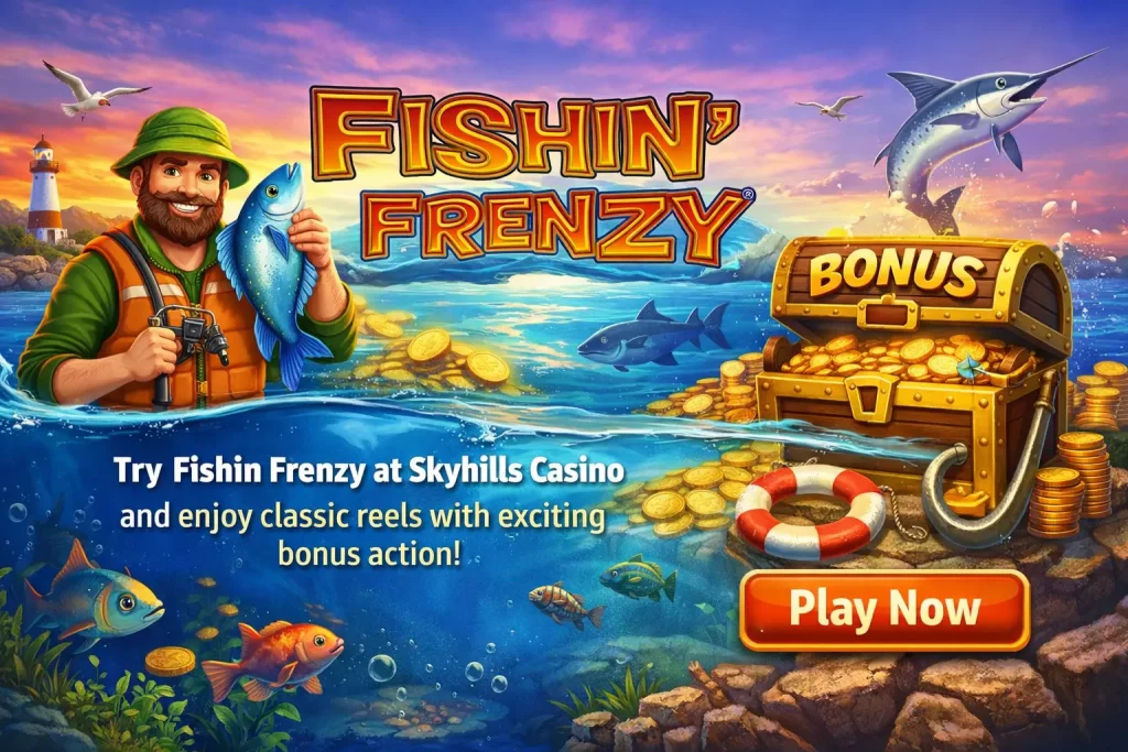 Fishin Frenzy banner for Skyhills Casino with bright ocean-themed slot visuals and bonus-style gaming elements.