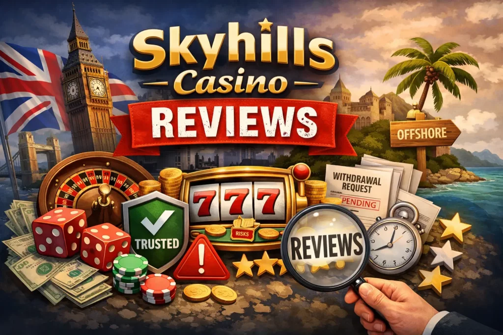 Skyhills Casino reviews illustration with UK theme, casino games, payouts, trust indicators and offshore platform comparison for UK players