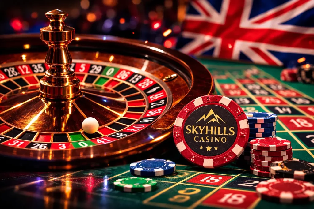 Wide roulette banner with a glowing wheel, casino chips, and a luxury gaming atmosphere for Skyhills Casino.