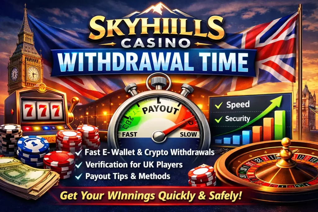 Skyhills Casino withdrawal time banner with UK theme, stopwatch, casino chips, slot machine and fast payout concept