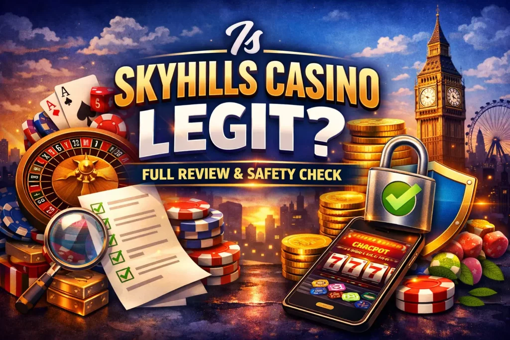 Illustration of Skyhills Casino legitimacy concept with security lock, casino elements, smartphone gaming interface and UK-themed background representing safe and verified online casino experience