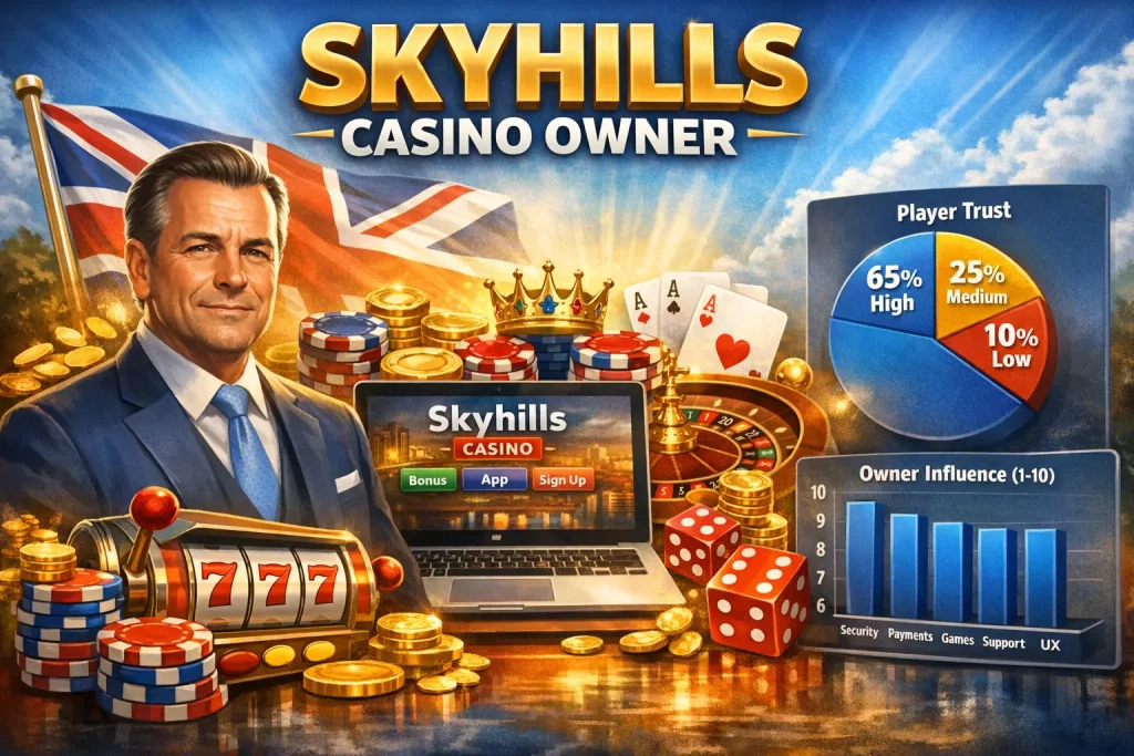 Skyhills Casino owner banner with UK theme, casino chips, slot machine, roulette and player trust chart for British players
