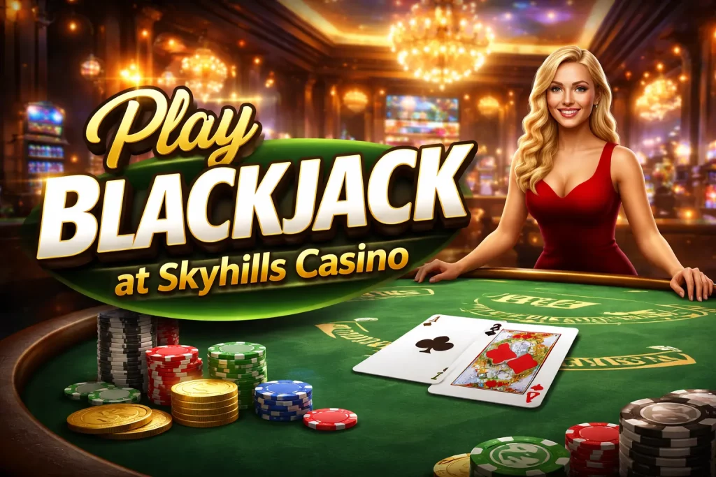 Blackjack banner with a green casino table, playing cards, colourful chips, and a stylish casino atmosphere for Skyhills Casino.