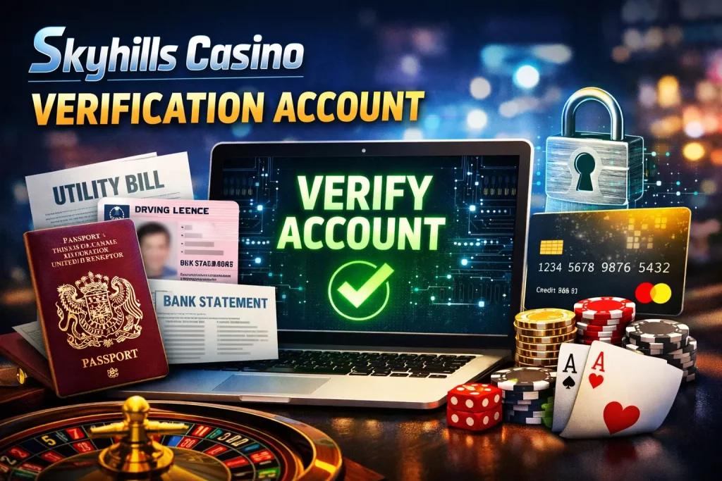Digital illustration of a user verifying a casino account on Skyhills Casino with ID documents, security shield, and online verification interface showing a safe and secure KYC process