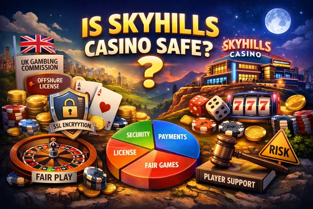 Is Skyhills Casino safe illustration with UK flag, offshore license, SSL security, fair games, payments and risk overview for UK players