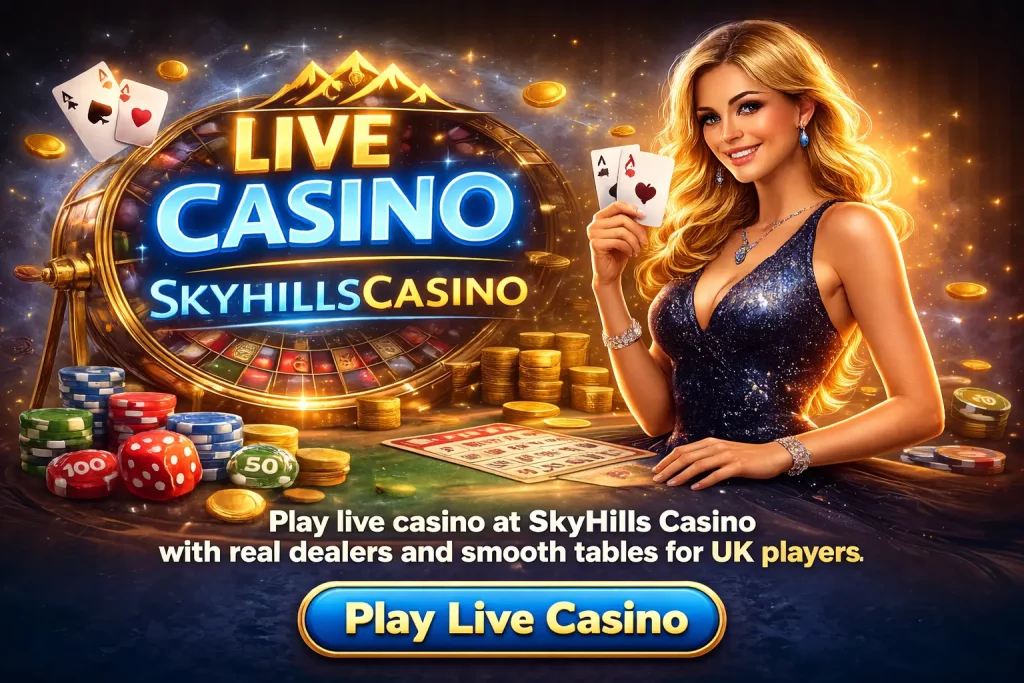 Blonde live dealer holding aces beside roulette chips and a glowing Skyhills Casino live casino banner.