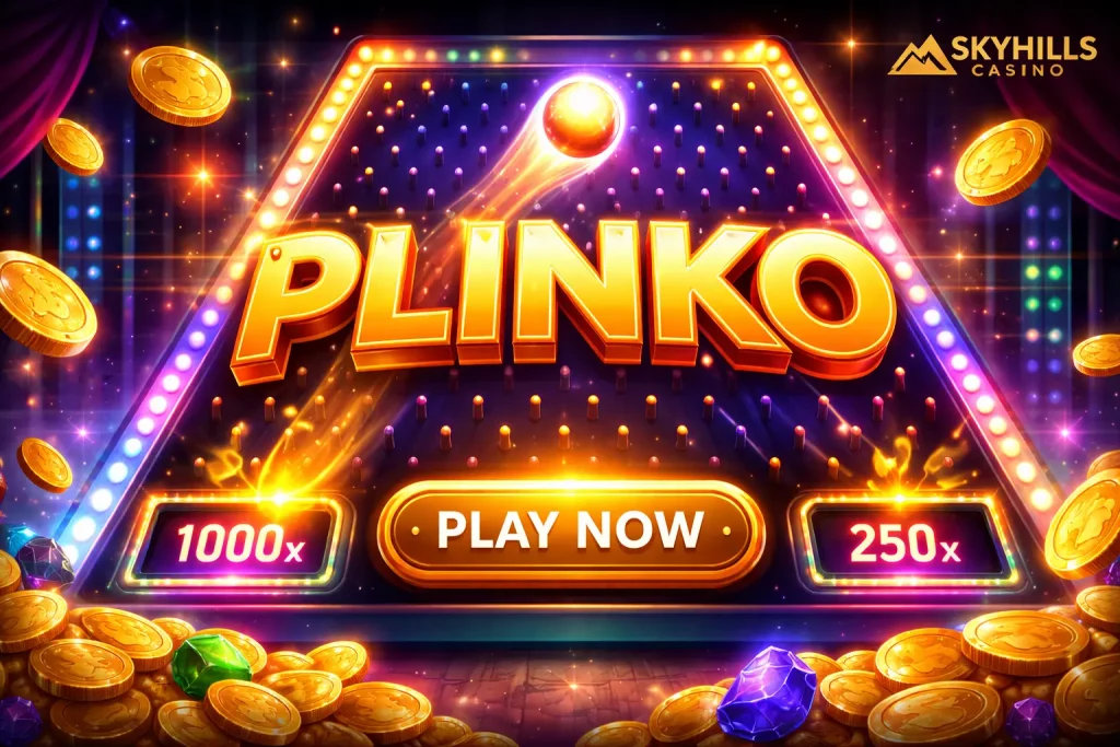 Colorful Plinko board with a falling ball, multipliers, and casino coins promoting the Plinko game at Skyhills Casino.