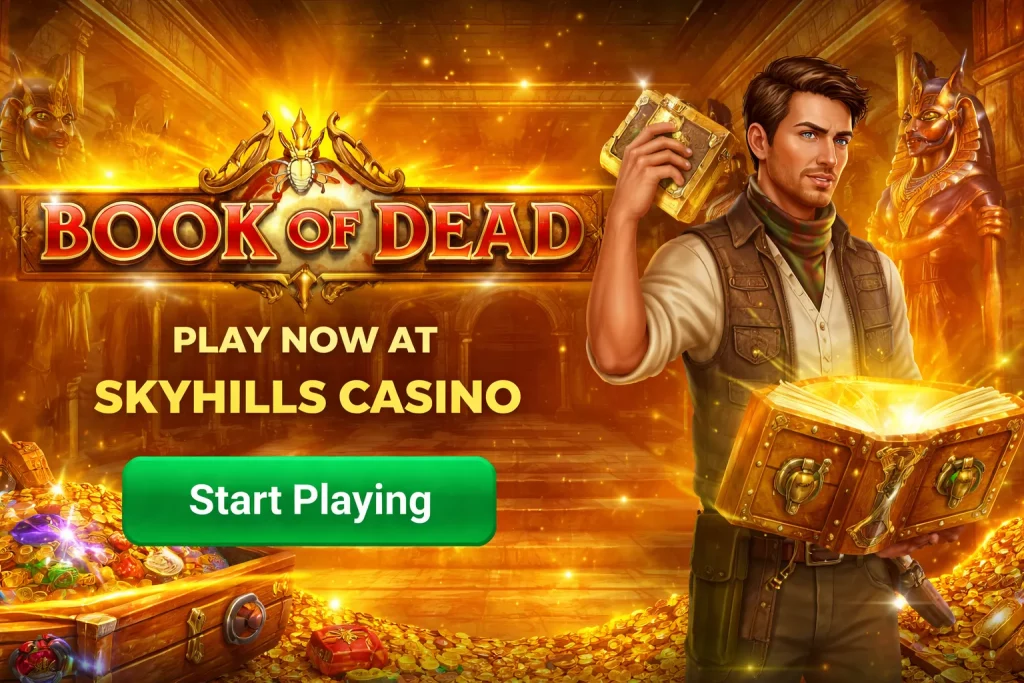 Promotional banner for Book of Dead at Skyhills Casino featuring the game’s theme and logo.