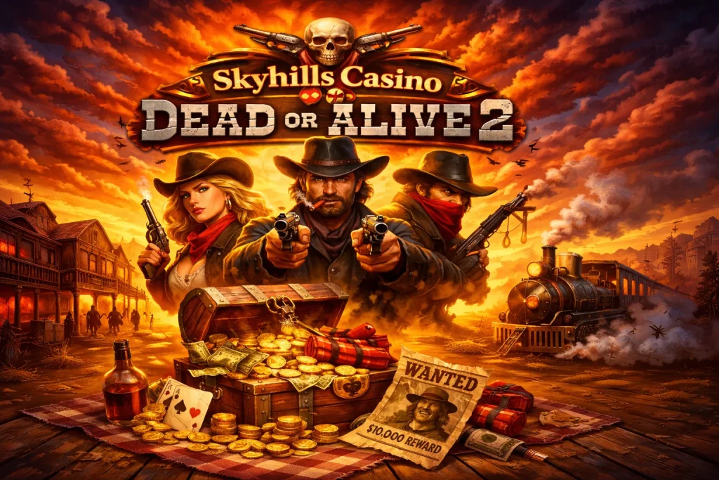 Bright landscape illustration for Skyhills Casino Dead or Alive 2 showing Wild West outlaws with revolvers, a chest full of gold coins, playing cards, a train and a dramatic sunset background.