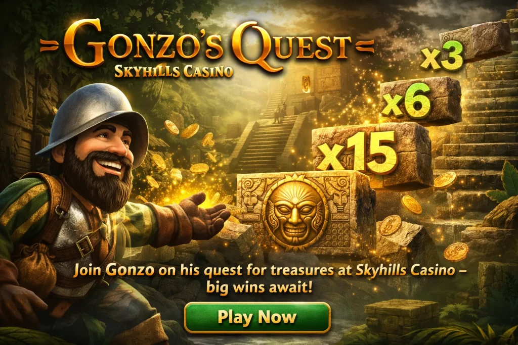 A digital illustration for Gonzo's Quest at Skyhills Casino, featuring Gonzo, the cheerful conquistador, standing beside falling stone symbols engraved with mystical Incan faces.