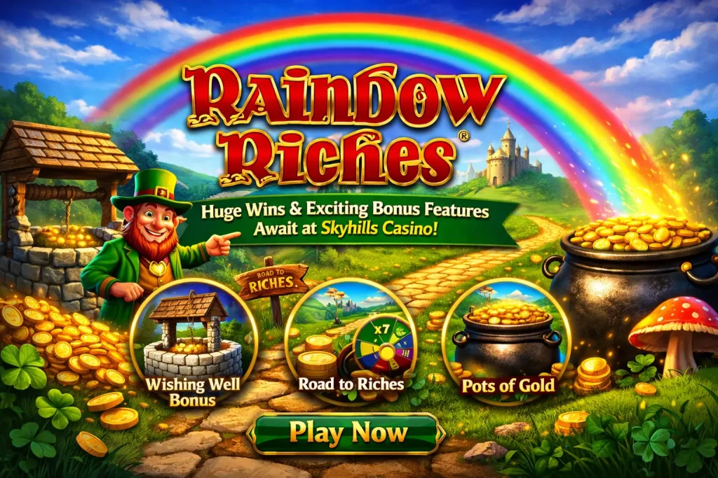 Vibrant digital illustration for Rainbow Riches at Skyhills Casino, featuring a rainbow, pot of gold, and a leprechaun.