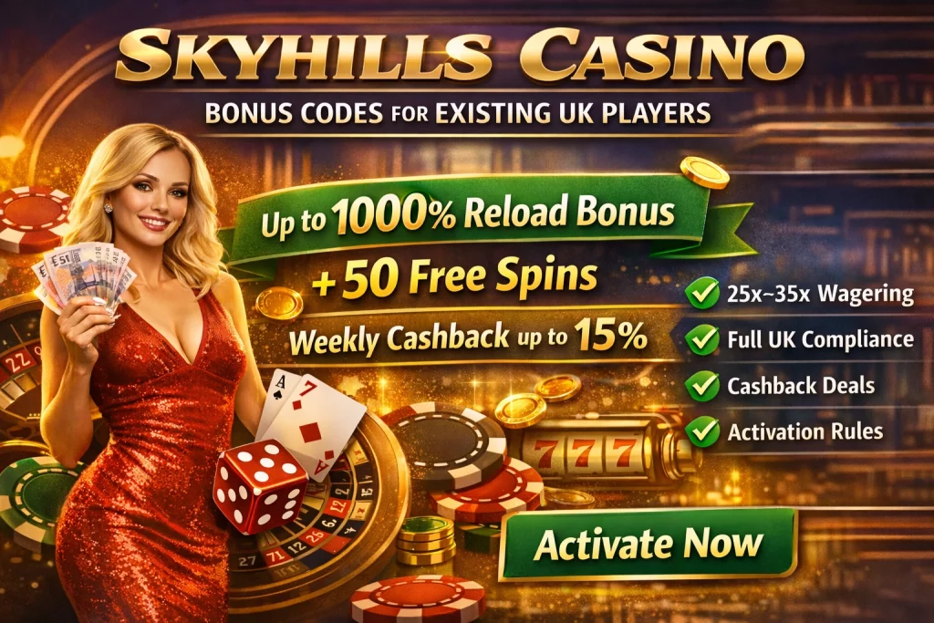 Skyhills Casino bonus code for existing UK players banner featuring reload bonus up to 100%, 50 free spins and weekly cashback offer in gold casino theme