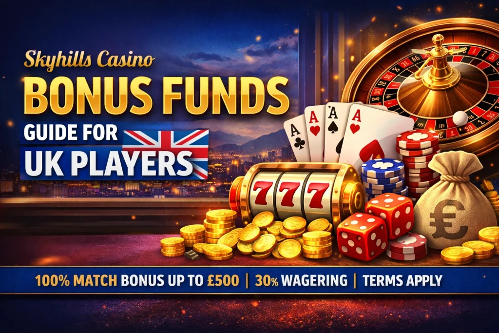 Skyhills Casino Bonus Funds banner showing 100% match up to £500 with roulette wheel, slot machine, poker chips, gold coins and UK flag in landscape format
