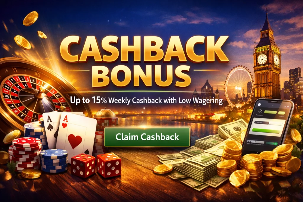 Skyhills Casino Cashback Bonus banner showing up to 15% weekly cashback, roulette wheel, poker chips, playing cards, coins, and London skyline in landscape format