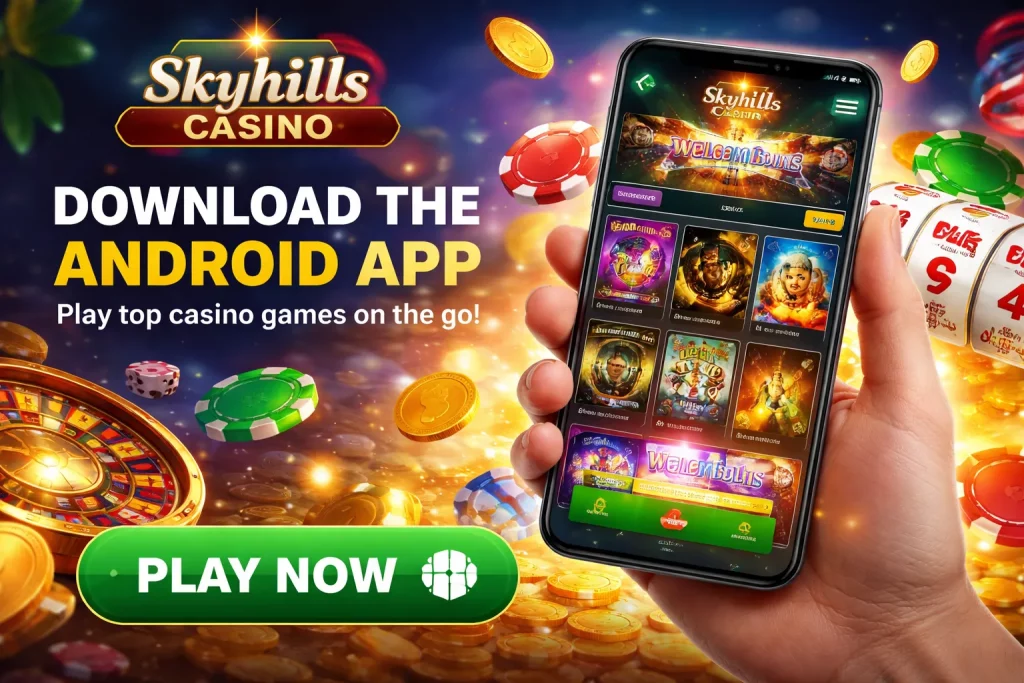 Promotional banner for Skyhills Casino Android app showcasing an iPhone with popular games like Starburst and Mega Moolah
