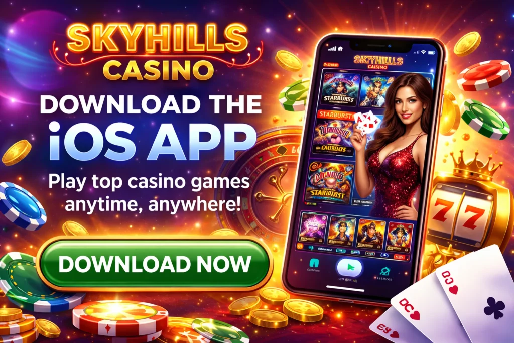 Promotional banner for Skyhills Casino iOS app featuring an iPhone displaying popular casino games like Starburst and Mega Moolah