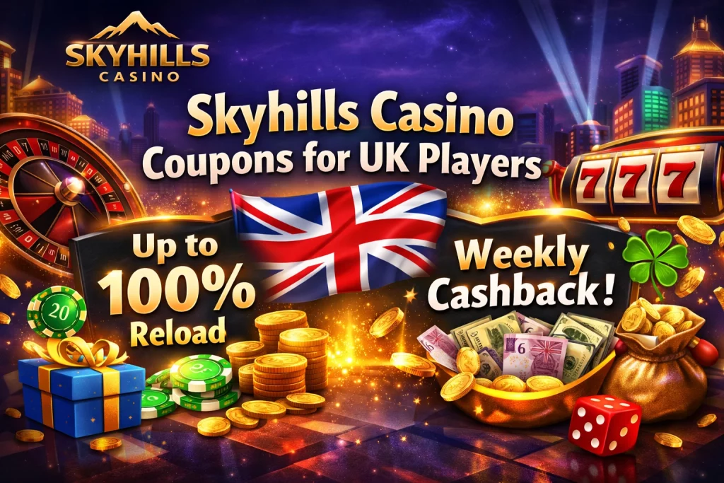 Skyhills Casino UK coupons banner featuring reload offer, weekly cashback, slot machine 777, roulette wheel and golden coins in landscape design