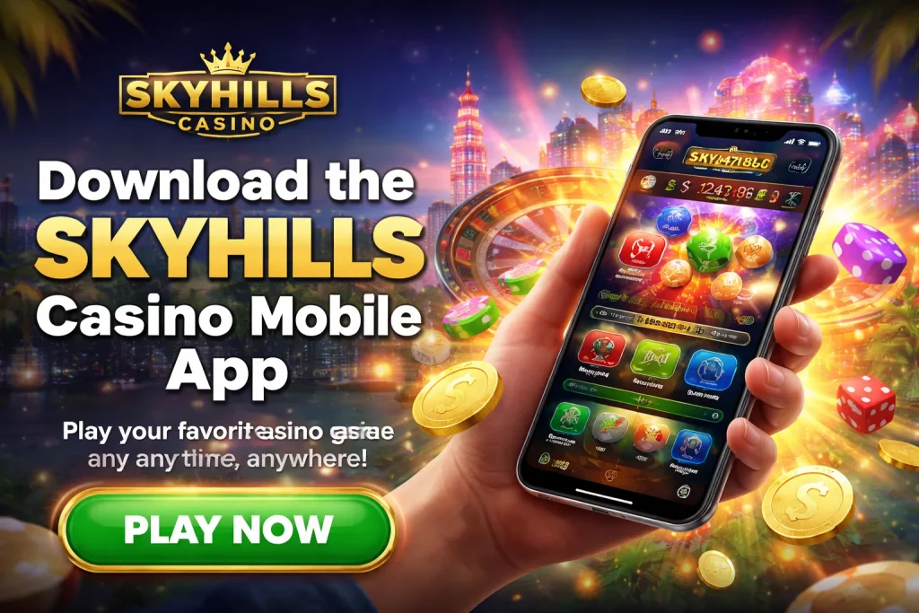 Promotional banner for Skyhills Casino Mobile App with a smartphone displaying casino games and a 'PLAY NOW' button