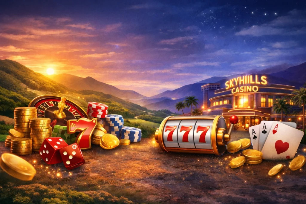 Skyhills Casino promotions banner featuring casino building, roulette wheel, slot machine 777, poker chips and golden coins in landscape design