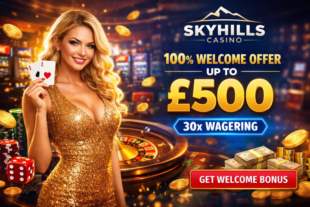 Skyhills Casino 100% welcome offer banner showing up to £500 with 30x wagering, roulette wheel, poker chips, gold coins and casino background in landscape format