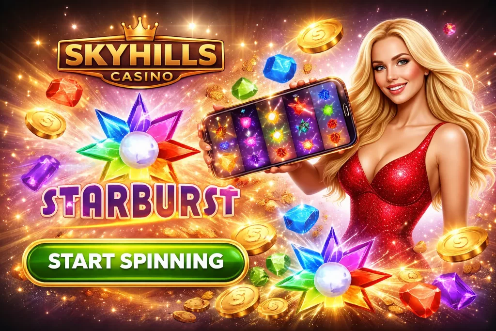 Promotional banner for Skyhills Casino featuring the Starburst slot on a smartphone with casino elements and a 'Play Now' button.